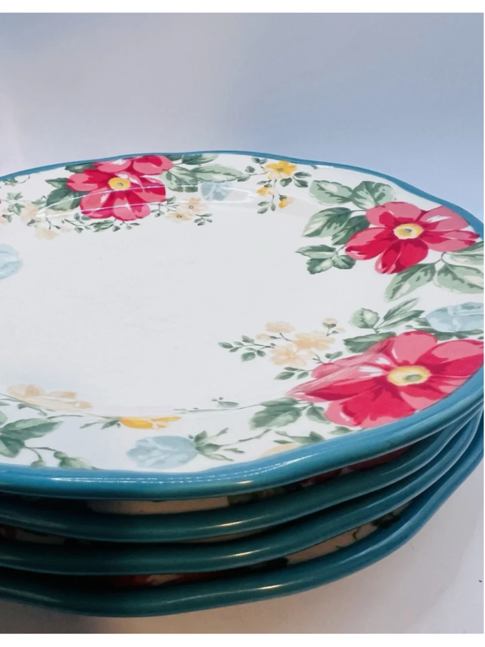 Set of (4) Pioneer Woman Vintage Floral Teal Red Stoneware Dinner Plates 10.5”